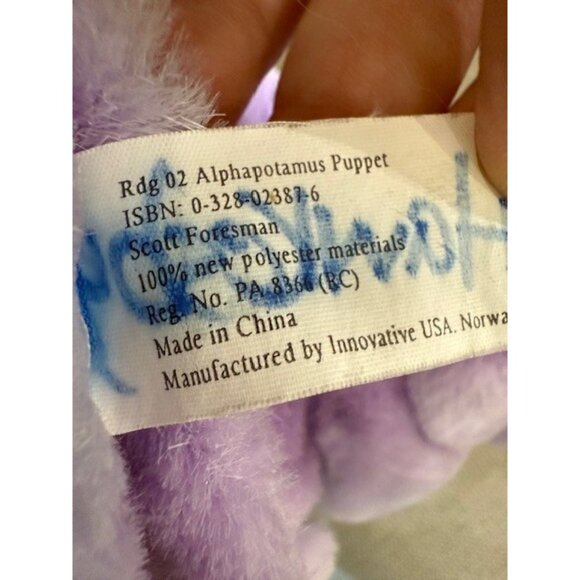 Alphapotamus Plush Hand Puppet Scott Foresman Toy Purple Hipp Hippopotamus Faded - Picture 7 of 8
